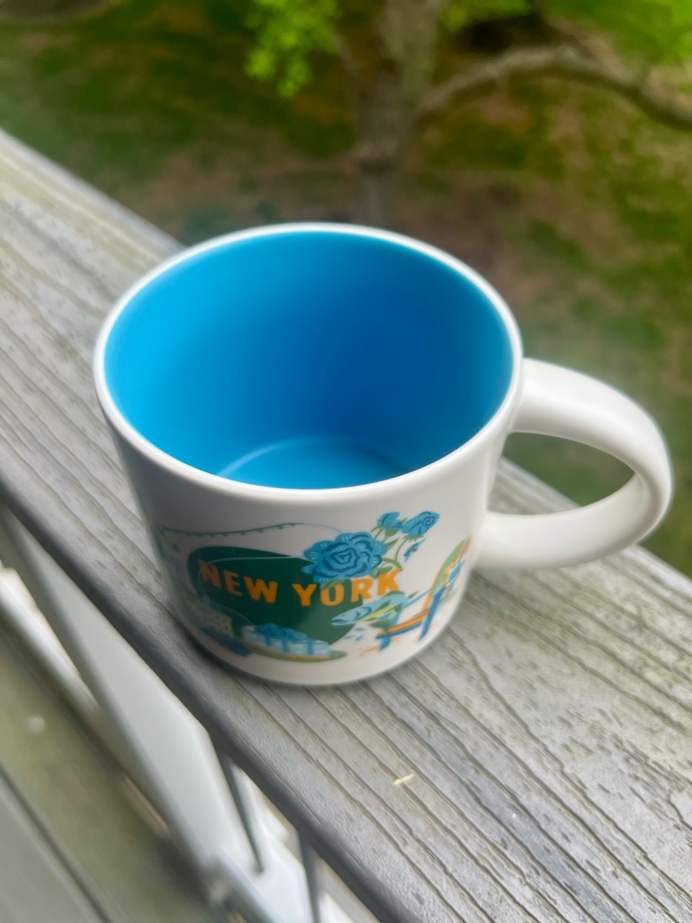 Starbucks White Mug with Turquoise Interior and Multicolor New York Design - Picture 2 of 4